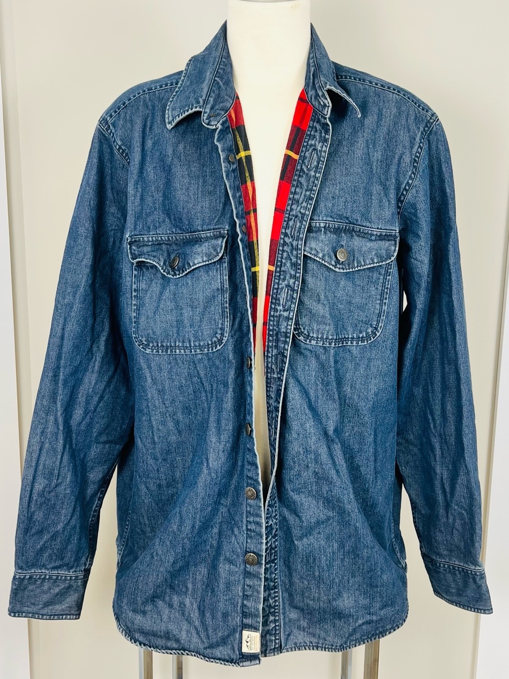 Vintage Eddie Bauer Blue Denim Shirt Jacket with Red Plaid Flannel